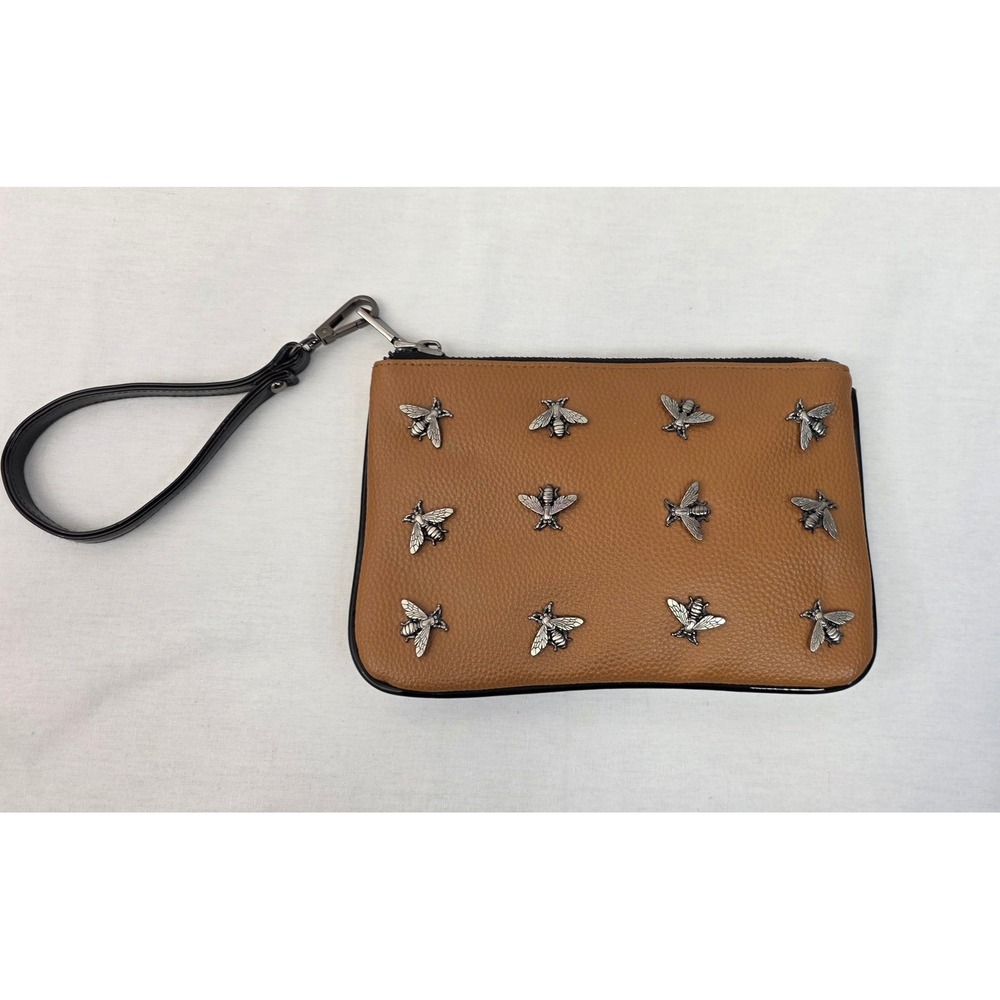 Tan Leather Clutch Wristlet Bee Embellished Zipper Pocket Evening Bag